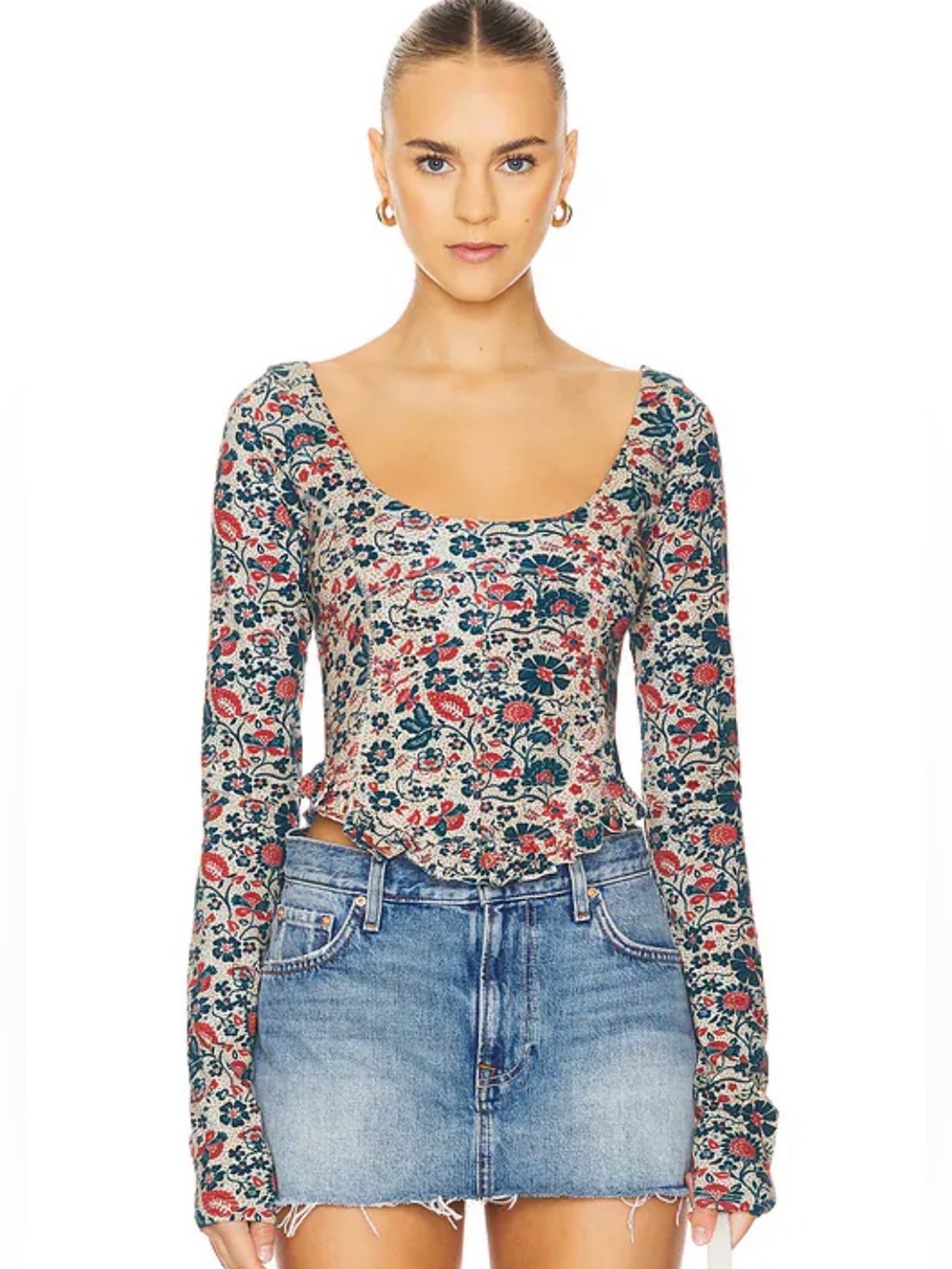 Free People Floral Scoop-Neck Long Sleeve, Size Large
